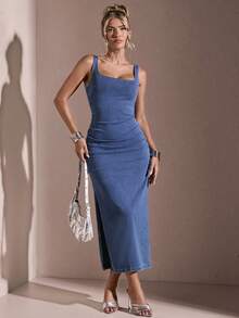 ATUI Studio 夏季實心褶皺側邊牛仔裙 - 藍色 - 查看 3