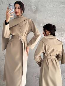 Firerie 女士时尚都市时尚新款卡其色风衣，配腰带，通勤休闲两相宜，秋冬 - 卡其色 - 查看 9