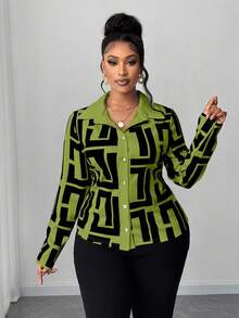 Maweii Plus Size Women Colorblock Long Sleeve Printed Shirt - Green - View 4