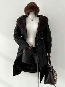 Auralis Plus Size Women's Autumn And Winter Fashion Casual Daily Brown Plush Splicing Black Mid-Length Waist Warm Coat,Women's Winter Clothes,Winter Outfits - Black - View 6