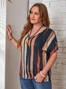 EMERY ROSE Plus V-Neck Striped Tee, Summer,Spring/Vacation - Multicolor - View 3