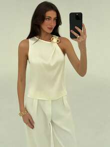 Aloruh Áo chui đầu cổ tròn không tay thời trang tối giản, thoải mái, công sở, đi làm mùa thu/đông mới có khóa kim loại trang trí và chi tiết xếp nếp - Màu be - Xem 1