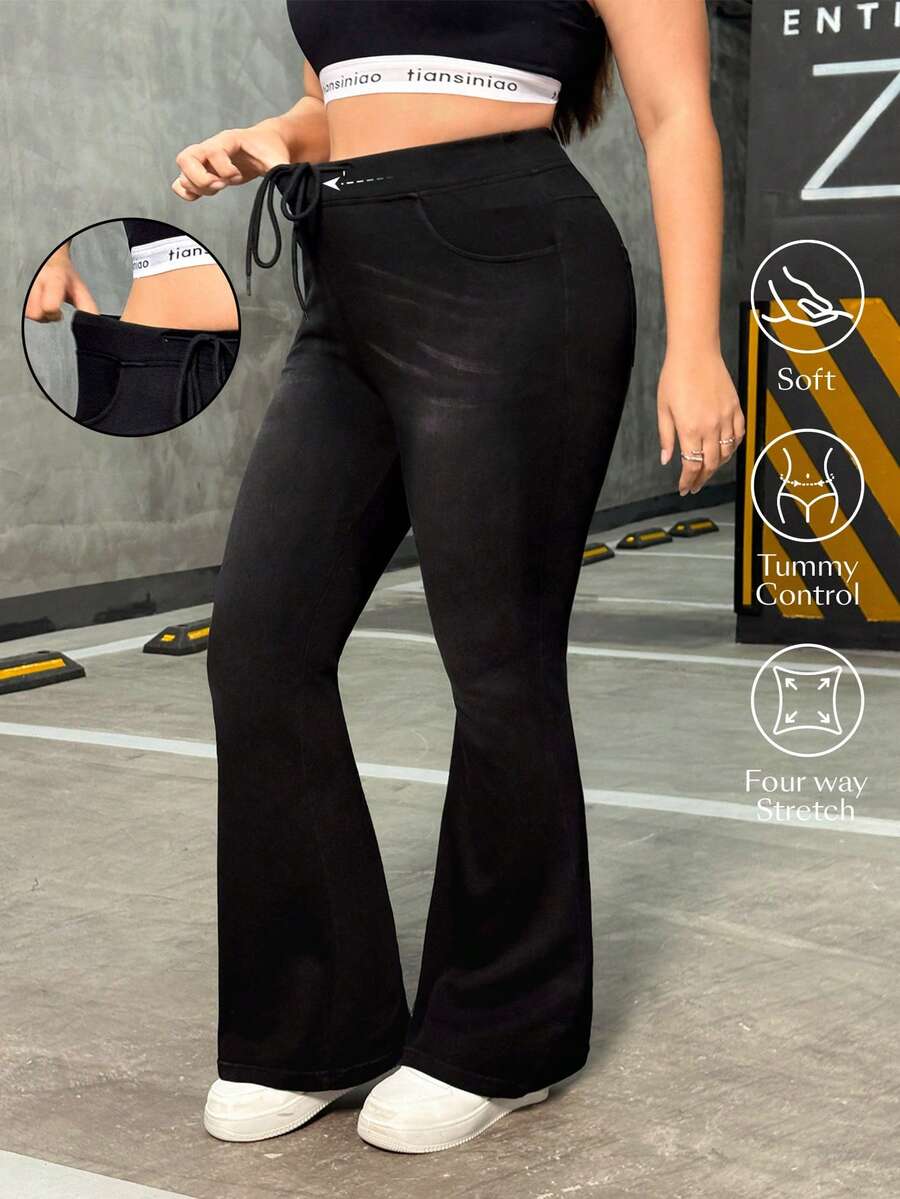 Flexra 抽绳腰部多口袋弹力针织休闲喇叭牛仔裤 - 深灰色 - 查看 1