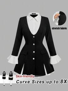 SHEIN CURVE+ Áo khoác vest nữ cỡ lớn 2 trong 1 màu đen, tay dài, có bèo nhún, kiểu dáng ôm eo, thích hợp mặc mùa đông, dự tiệc, công sở, trang phục thanh lịch, váy đen sang trọng, trang phục sinh viên/mùa thu/mùa đông. - Đen và trắng - Xem 1