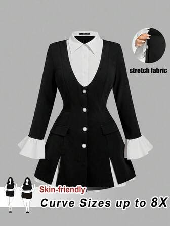 SHEIN CURVE+ 大码女式二合一黑色束腰长袖荷叶边西装外套，冬季女装外套，半正式女装，商务休闲女装，办公室女装，优雅黑色连衣裙，大学生穿搭/秋冬