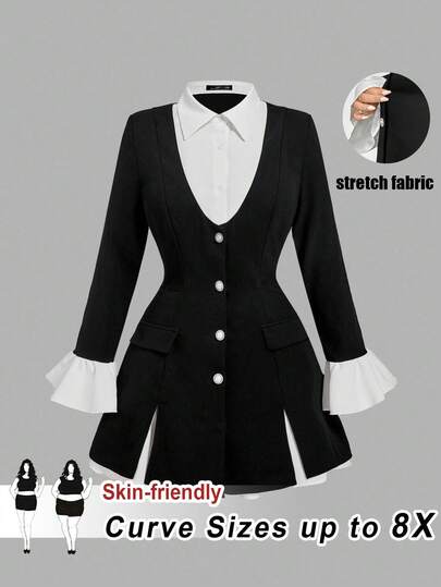 SHEIN CURVE+ Chaqueta de traje con volantes de manga larga y cintura ceñida 2 en 1 para mujer de talla grande, abrigo de invierno para mujer, vestido semi formal para mujer, vestimenta casual de oficina para mujer, vestido negro elegante, conjunto de estudiantes universitarios/otoño/invierno