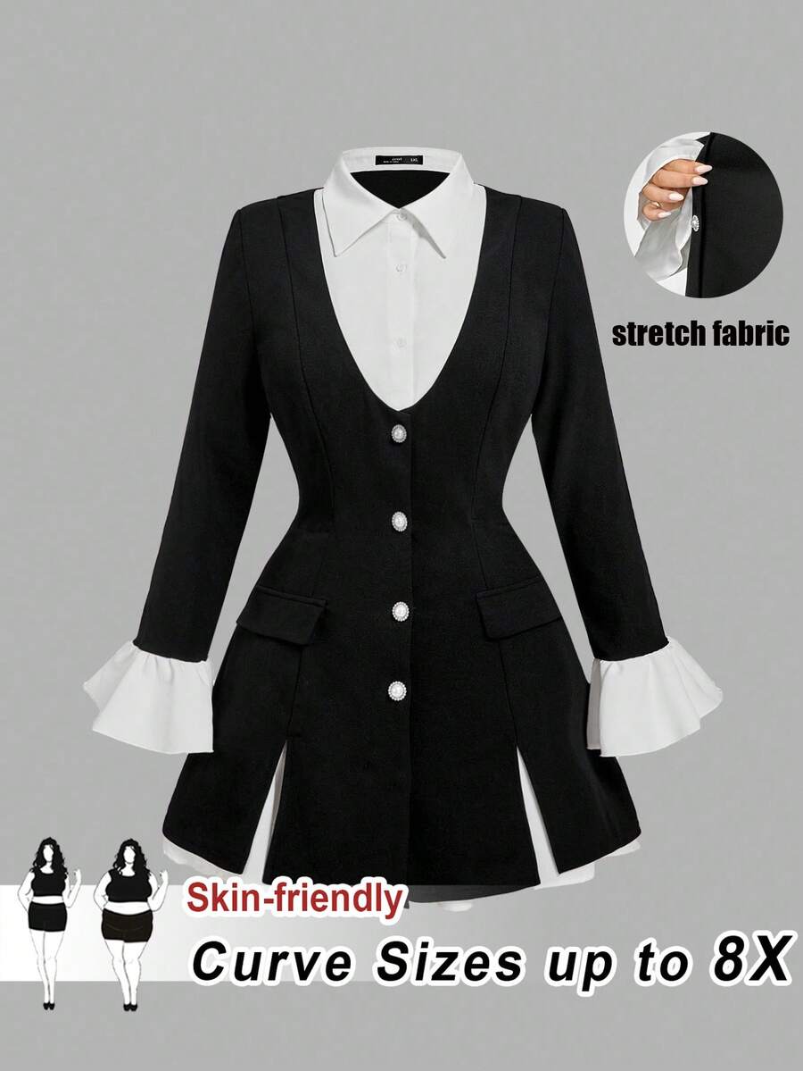SHEIN CURVE+ Áo khoác vest nữ cỡ lớn 2 trong 1 màu đen, tay dài, có bèo nhún, kiểu dáng ôm eo, thích hợp mặc mùa đông, dự tiệc, công sở, trang phục thanh lịch, váy đen sang trọng, trang phục sinh viên/mùa thu/mùa đông. - Đen và trắng - Xem 1