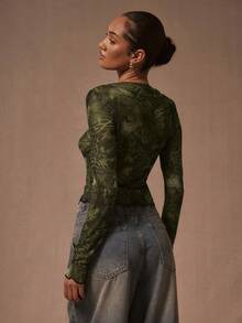 MUSERA Top de malla de manga larga con estampado mixto de animales sexy para salir, festivales, raves, vacaciones en Ibiza, primavera, verano - Verde Oscuro - Ver 3