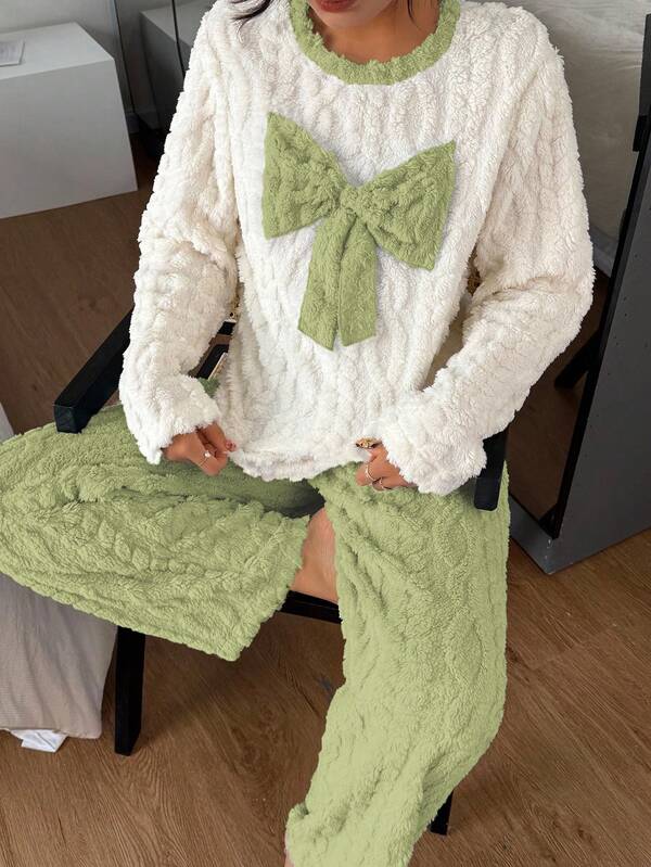 SHEIN Women's Colorblock Textured Fleece Bow Decor Long Sleeve Top & Pants Pajama Clothes Set, Winter