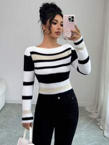 SHEIN Elenzya 优雅多色露肩长袖女士时尚修身针织套头衫，适合通勤，秋冬 - 彩色 - 查看 3
