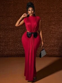 Maweii Plus Size Women's Elegant Color Block Sleeveless Ruched Shoulder Design 3D Bow Decor Party, Christmas, Birthday Dress, Date Night Maxi Dress