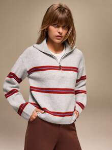 Qadelle Women's Autumn/Winter Polo Collar Half Zip Striped Contrast Color Loose Knit Sweater - Grey - View 4