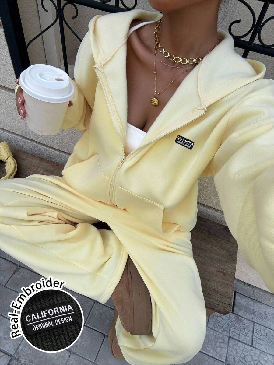 Muchica 2 件套女士休闲连帽衫套装，适合秋冬季，前开式连帽衫套装，奶油黄 - 黃色 - 查看 1