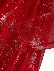 Ellevyn 女士圆领长袖网眼粉面料优雅日常穿着、节日、圣诞派对连衣裙，秋冬 - 紅色 - 查看 9