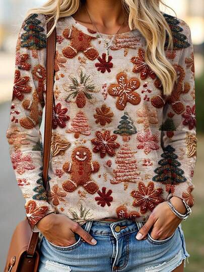 EMERY ROSE Women's Gingerbread Man & Christmas Tree Print Long Sleeve T-Shirt