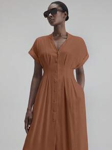 Ontre 女士纯色 V 领蝙蝠袖褶皱单排扣休闲长裙，适合城市通勤、商务休闲、办公室穿着，优雅适合圣诞派对、新年派对、假日海滩 - 棕色 - 查看 7
