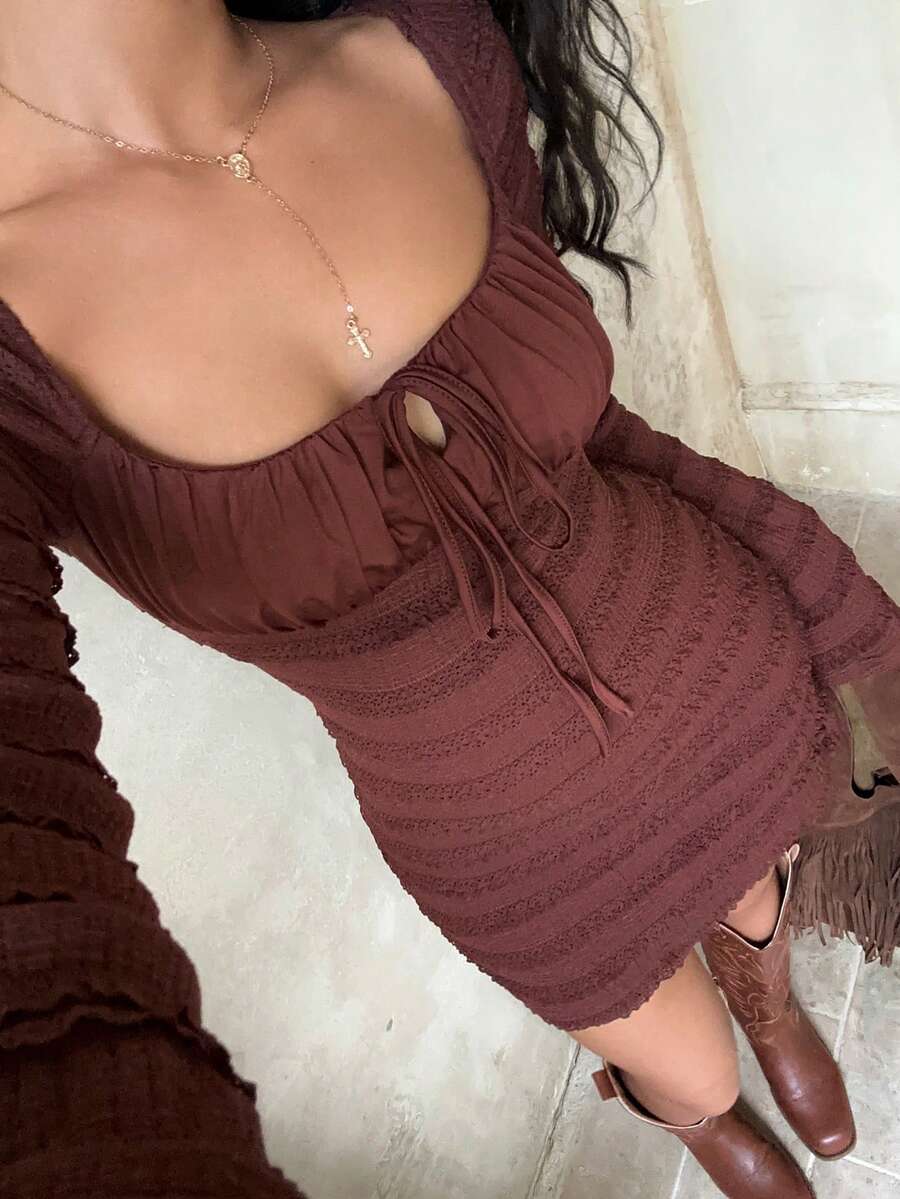 SHEIN Unity Women's Brown Flare Sleeve Dress, Square Neck, Elegant, Versatile, Casual, Waist Cinched, Lace Fabric, Suitable For Autumn/Winter Daily Wear