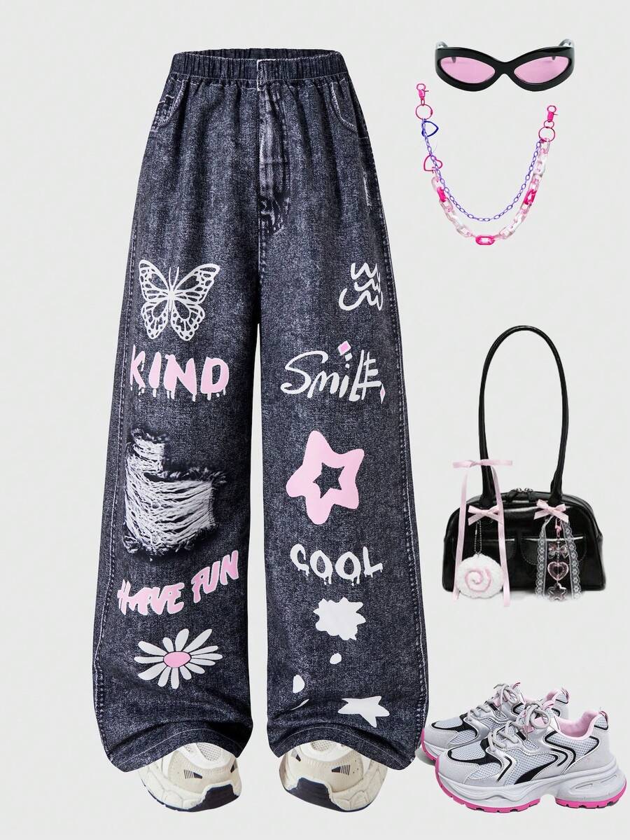 Tween Girls Elastic Waist Loose Printed Wide Leg Pants, Suitable For Street & Everyday Wear, Spring/Autumn - Multicolor - View 1