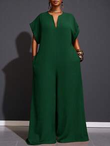 Veslaya 2025年新款复古优雅巧克力色V领短袖阔腿连体裤，大码女装，夏季 - 墨綠色 - 查看 5