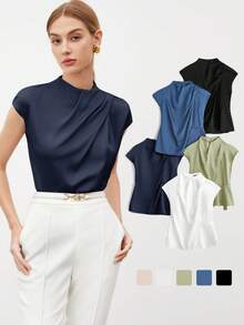 BizChic 2025秋冬新款灰蓝色不对称褶皱领小短袖女式衬衫，现代优雅时尚通勤商务休闲办公装，复古别致百搭浪漫，适合正式场合、派对、婚礼宾客、女主人、乡村音乐节、早午餐、机场、国庆节、新年、圣诞节、感恩节等休闲场合穿着。 - 藏蓝色 - 查看 9