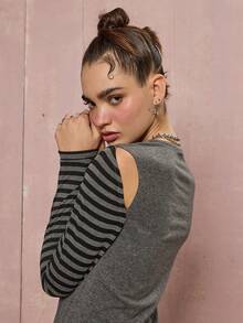 COUREZ 长袖露背条纹上衣 / Y2K 冬季女装外出上衣 灰色上衣 - 深灰色 - 查看 6