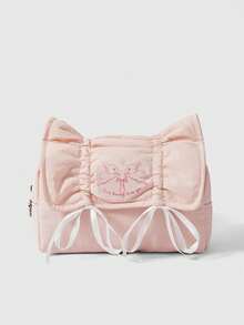 ROMWE Kawaii 粉色可爱抽绳蝴蝶结草莓字母大容量便携化妆包铅笔盒 - 淺粉色 - 查看 1