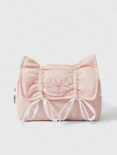 ROMWE Kawaii Pink Cute Drawstring Bow Strawberry Letter Large Capacity Portable Cosmetic Bag Pencil Case