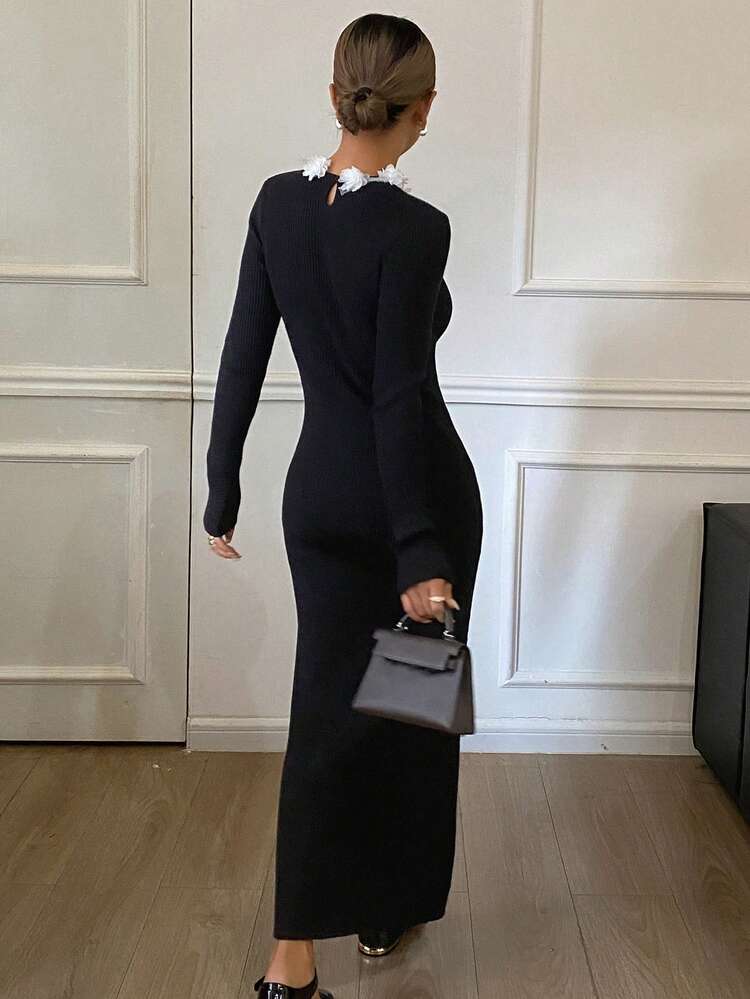 Women's Autumn 3D Floral Decor Fitted Sweater Dress