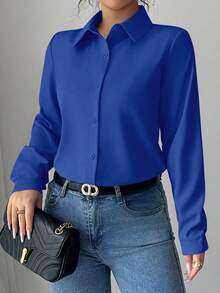 Elenzga Blouse ample à manches longues de couleur unie pour femmes, convenant pour le travail, les affaires, les déplacements, le printemps/l'automne - Bleu azur - Voir 6