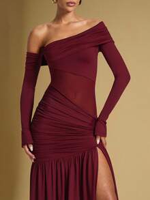 Briarwyn Abito lungo da donna con spalla asimmetrica, maniche lunghe, arricciature e spacco sexy, in colore unito