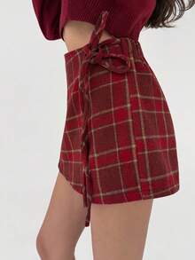 Aloruh 女士秋冬百搭百搭万圣节、圣诞节、新年红色格纹优雅A字型裹腰系带迷你裙 - 紅色 - 查看 7