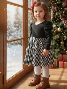 LMoss Kids LMoss Young Girl Knitted Solid Color Plaid Patchwork Casual Dress, Girls' Spring And Autumn French Style Dress, Burgundy Children's Dress, Girls' Long-Sleeved Dress, Girls' Winter Dress, Christmas, Comfortable Autumn And Winter Style, Autumn Comfortable Style, Long-Sleeved Dress, Autumn Dress, Carnival. - Multicolor - View 3