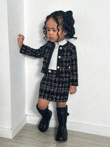 SHEIN 女婴格子长袖单排扣夹克和裙子休闲装，秋冬 - 黑與白 - 查看 1