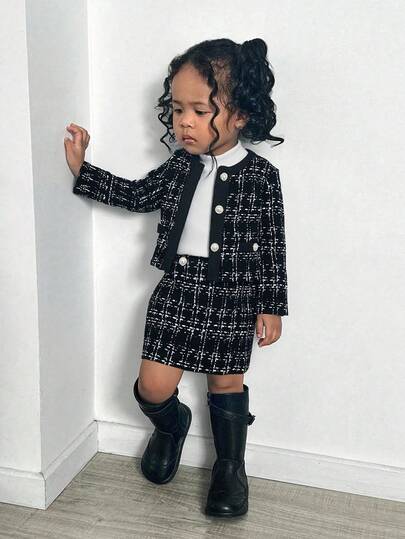 SHEIN 女婴格子长袖单排扣夹克和裙子休闲装，秋冬