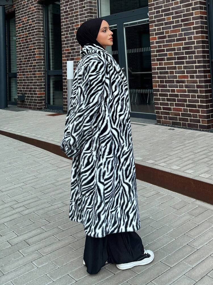 Zebra Print Thermal Lined Thick Warm Long Faux Fur Coat For Women