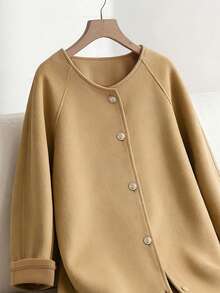 Franclia 女士中长款圆领纽扣宽松羊毛大衣，秋冬 - 駝色 - 查看 5