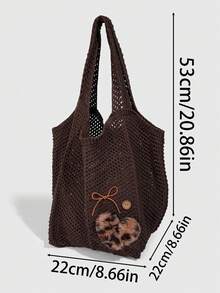 ROMWE Fairycore 1个度假风镂空编织咖啡色女士单肩手提包，大容量，豹纹心形装饰针织包 - 咖色 - 查看 2