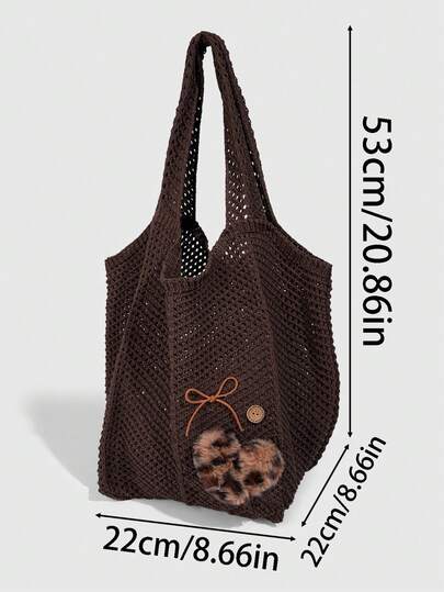 Fairycore 1pc Tropical Ocean Beach Resort Style Woven Hollow Khaki Women Shoulder Tote Bag, Large Capacity