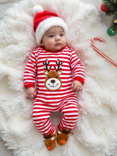 SHEIN 秋季新款圣诞驯鹿印花条纹连体衣，新生儿男女宝宝秋冬服装
