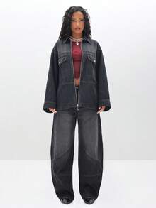 BABYPHAT 女式超大牛仔夹克长袖拉链休闲外套秋冬衣橱必备 - 深灰色 - 查看 3