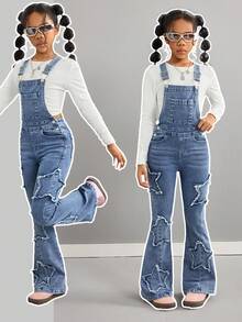 SHEIN Tween 女童 Y2K 学院风浅色水洗休闲星星刺绣贴片高腰喇叭腿牛仔裤牛仔背带裤（不含 T 恤），女童秋冬装街头服饰，返校节服装，圣诞服装万圣节服装，适合上学、居家和旅行，刺绣牛仔连体裤 - 中等水洗藍 - 查看 3