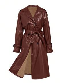 Ellevyn 安哥拉红色 PU 皮革保暖内衬系带长袖长款风衣 - 紅木色 - 查看 12
