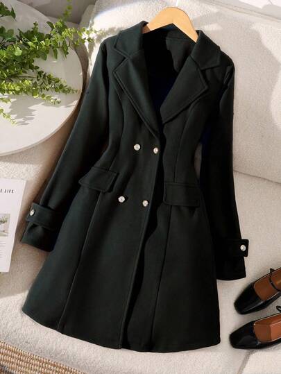 SHEIN Chaqueta elegante de doble botonadura de mezcla de lana con cintura ceñida en color camello, versátil para ir y venir, para adolescentes