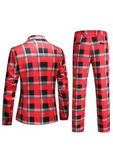 Calvornis Men's Casual Red And White Plaid Single-Breasted Suit Jacket And Pants Set,Autumn Summer Techno Party Rave Christmas Costumes Blazer And Pants Set - Red - View 2