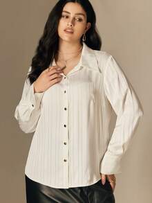 SHEIN LUNE Camisa de satén con botones metálicos, casual/oficina, talla grande - Blanco - Ver 1
