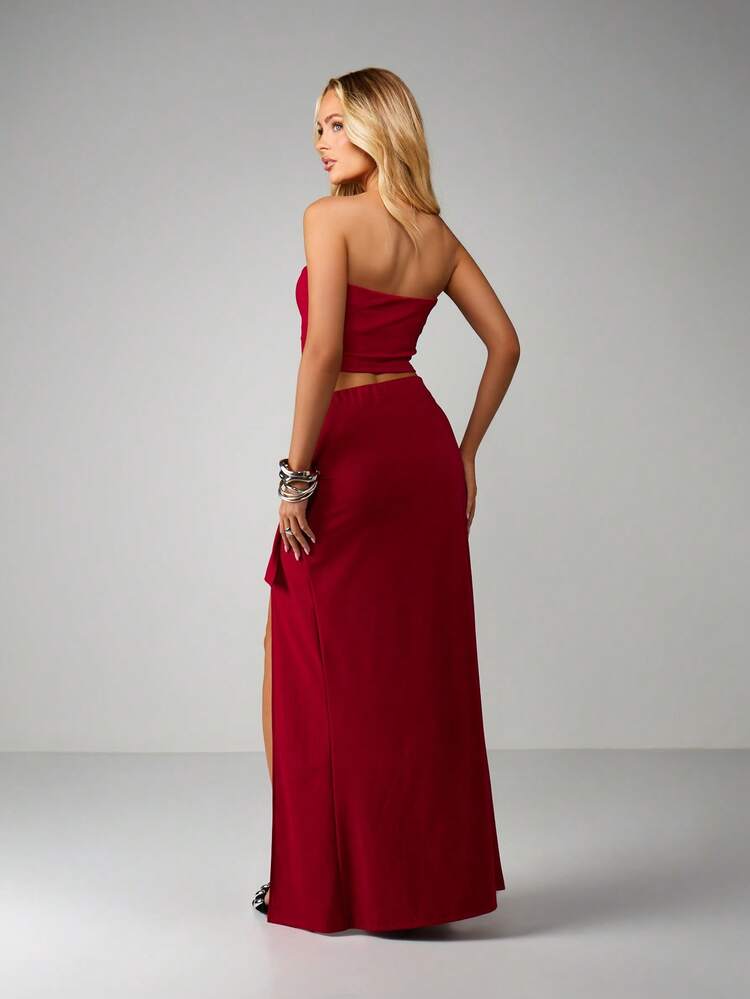 MISSGUIDED Christmas Women Bandeau Crop Top And Wrap Maxi Skirt Two Piece Set With High Split Detail For Party Events Christmas