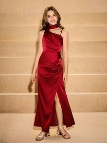 Váy xẻ tà hở lưng thanh lịch dành cho bé gái, thích hợp cho đám cưới, tiệc tối, sinh nhật, giáng sinh, halloween, trở lại trường, tốt nghiệp - Màu Đỏ Sâu - Xem 8