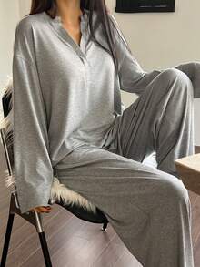 DAZY 简约舒适针织女式睡衣套装，秋冬服装 - 灰色 - 查看 1