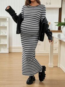 SHEIN Maternity Round Neck Raglan Long Sleeve Fitted Striped Dress - Black and White - View 4