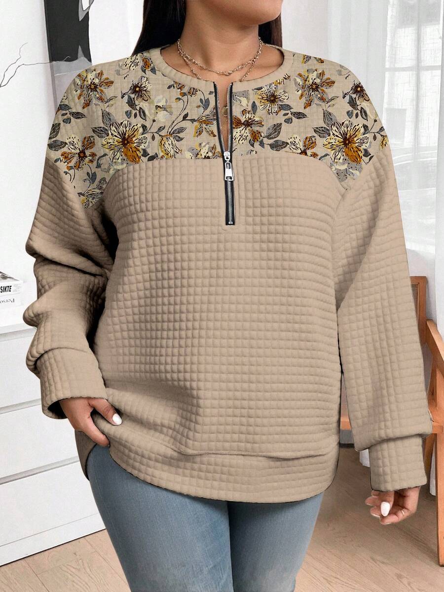 SHEIN LUNE Áo nỉ dáng rộng in họa tiết hoa cổ điển, cỡ lớn, phù hợp cho mùa thu/đông - Nhiều màu - Xem 1